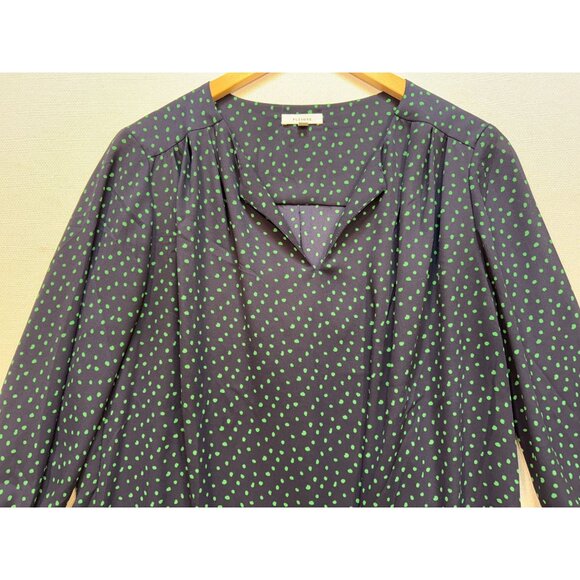 Pleione Womens V-Neck Blouse Top Size L Navy Green Polka Dot 3/4 Sleeve Retro - Picture 5 of 11